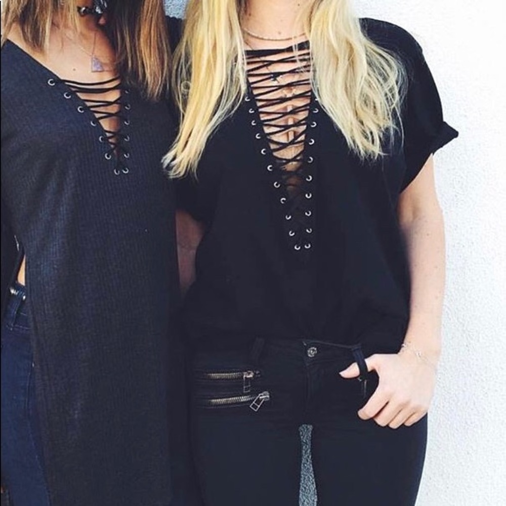 Emma and Sam Oversized Lace-Up Black T-Shirt